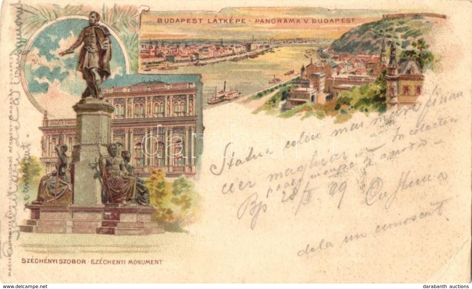 * T2/T3 1899 Budapest, Látkép, Széchenyi Szobor. Art Nouveau, Litho (EK) - Unclassified