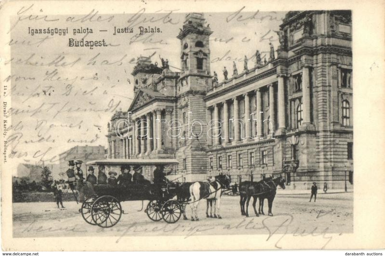 T2/T3 1905 Budapest V. Igazságügyi Palota, Négyesfogat, Hintó. Divald Károly 11. Sz. (apró Szakadás / Tiny Tear) - Unclassified