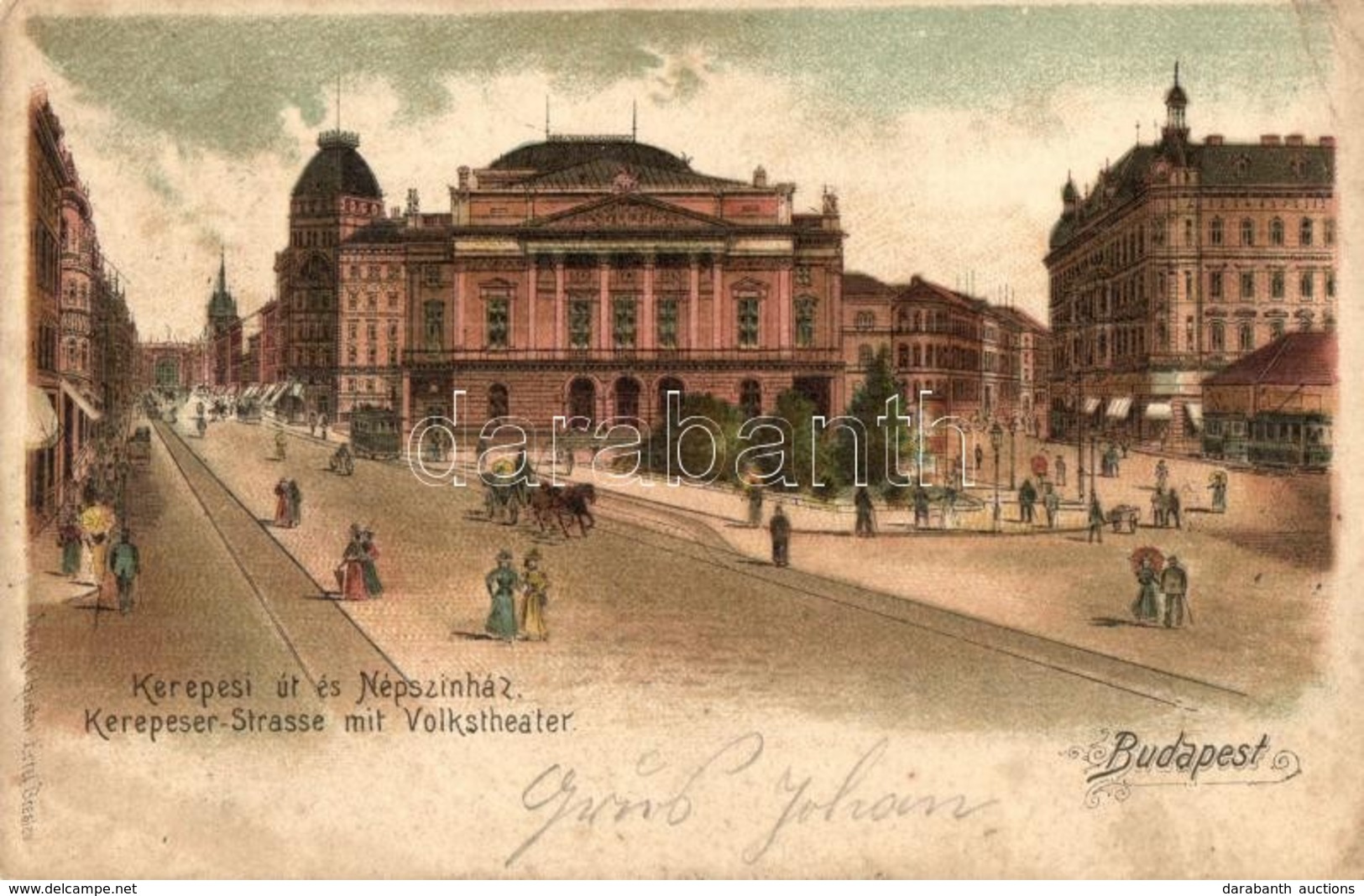T2/T3 1901 Budapest VIII. Kerepesi út és A Népszínház, Villamos, üzletek. Gustav Ertel Art Nouveau, Litho (fl) - Unclassified
