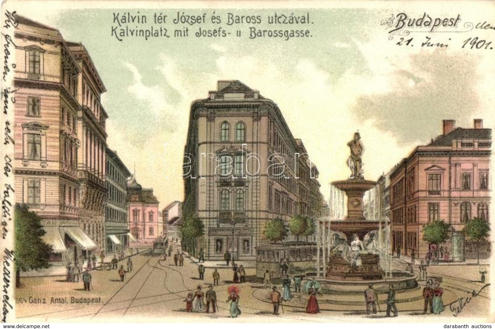 T2 1901 Budapest IX. Kálvin Tér, József és Baross Utca, Szökőkút, Villamos, Gyógyszertár, üzletek. Ganz Antal 304. - Unclassified