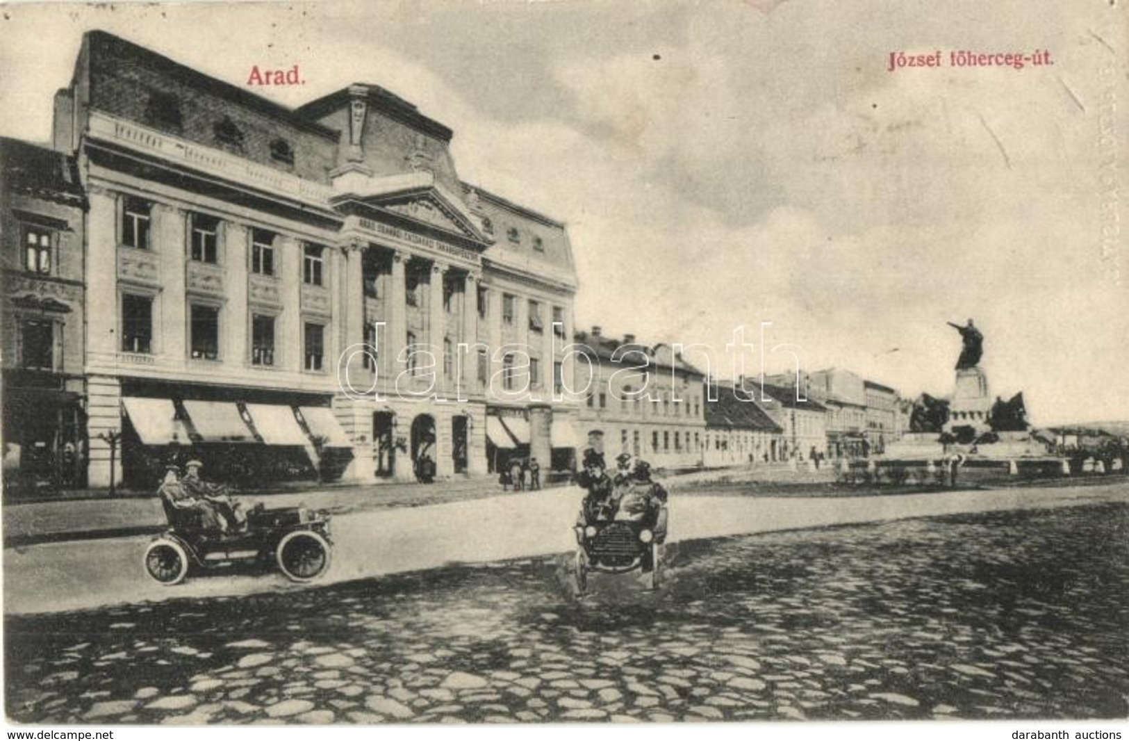 T4 1913 Arad, József Főherceg út, Arad-Csanádi Gazdasági Takarékpénztár, üzletek; Automobilos Montázs / Street View, Sav - Unclassified