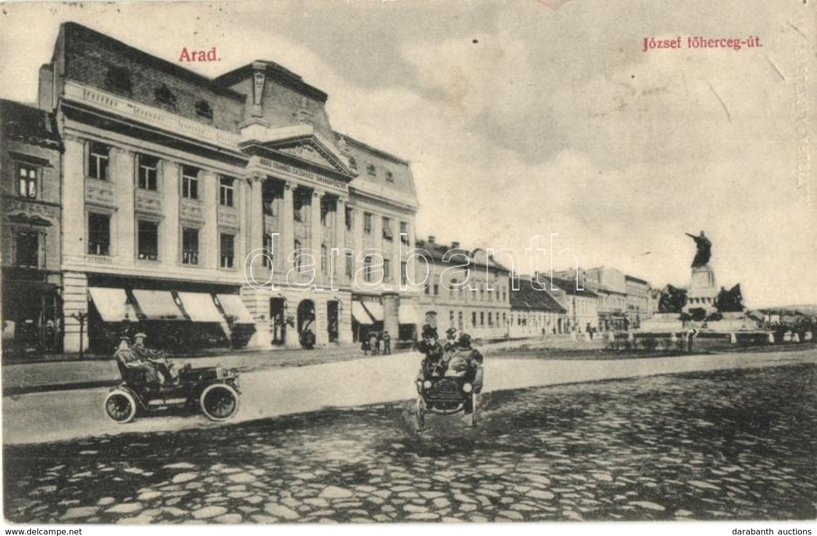 T4 1913 Arad, József Főherceg út, Arad-Csanádi Gazdasági Takarékpénztár, üzletek; Automobilos Montázs / Street View, Sav - Non Classificati