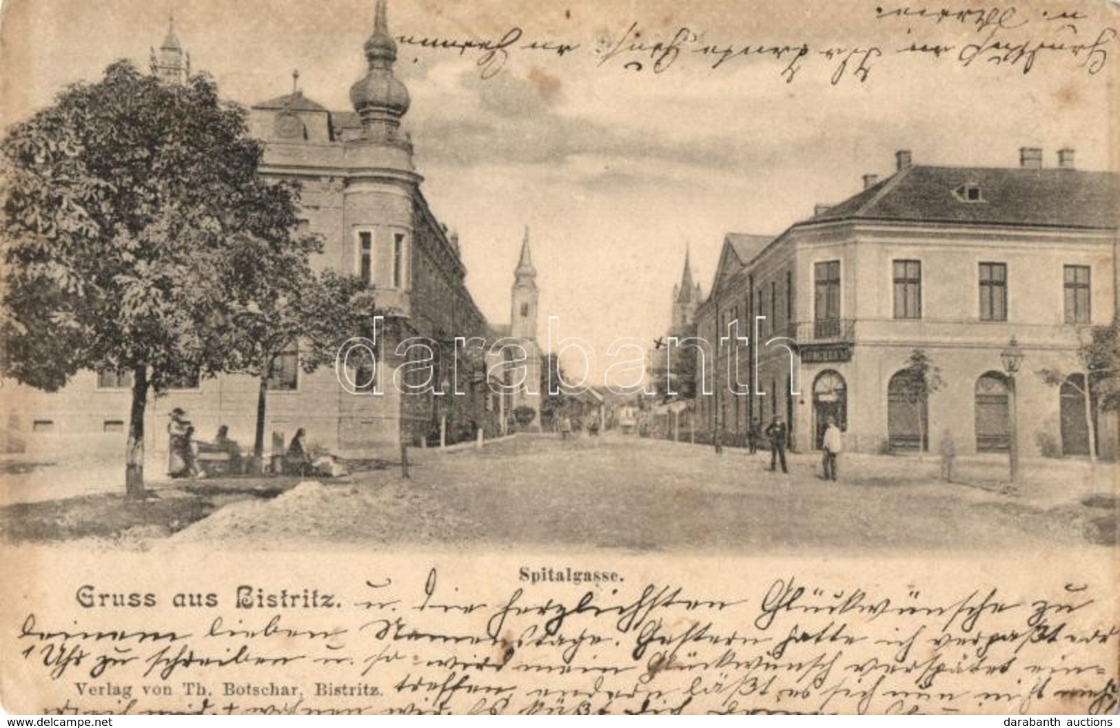 T4 1902 Beszterce, Bistritz, Bistrita; Spitalgasse / Kórház Utca, Brecher M. üzlete, Evangélikus Templom. Kiadja Th. Bot - Non Classificati