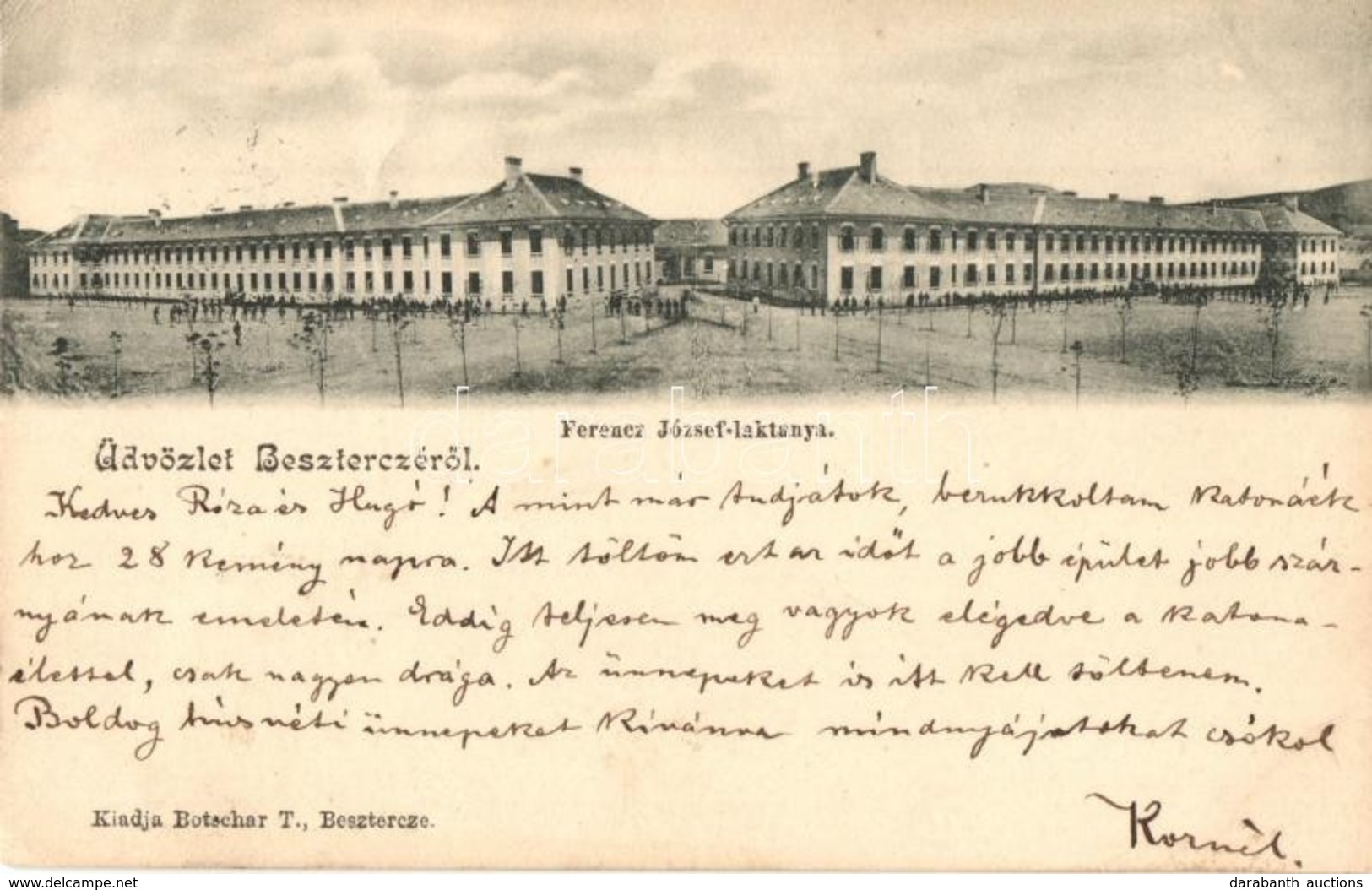 T2/T3 1904 Beszterce, Bistritz, Bistrita; Ferenc József Laktanya. Kiadja Botschar T. / Military Barracks (EK) - Unclassified