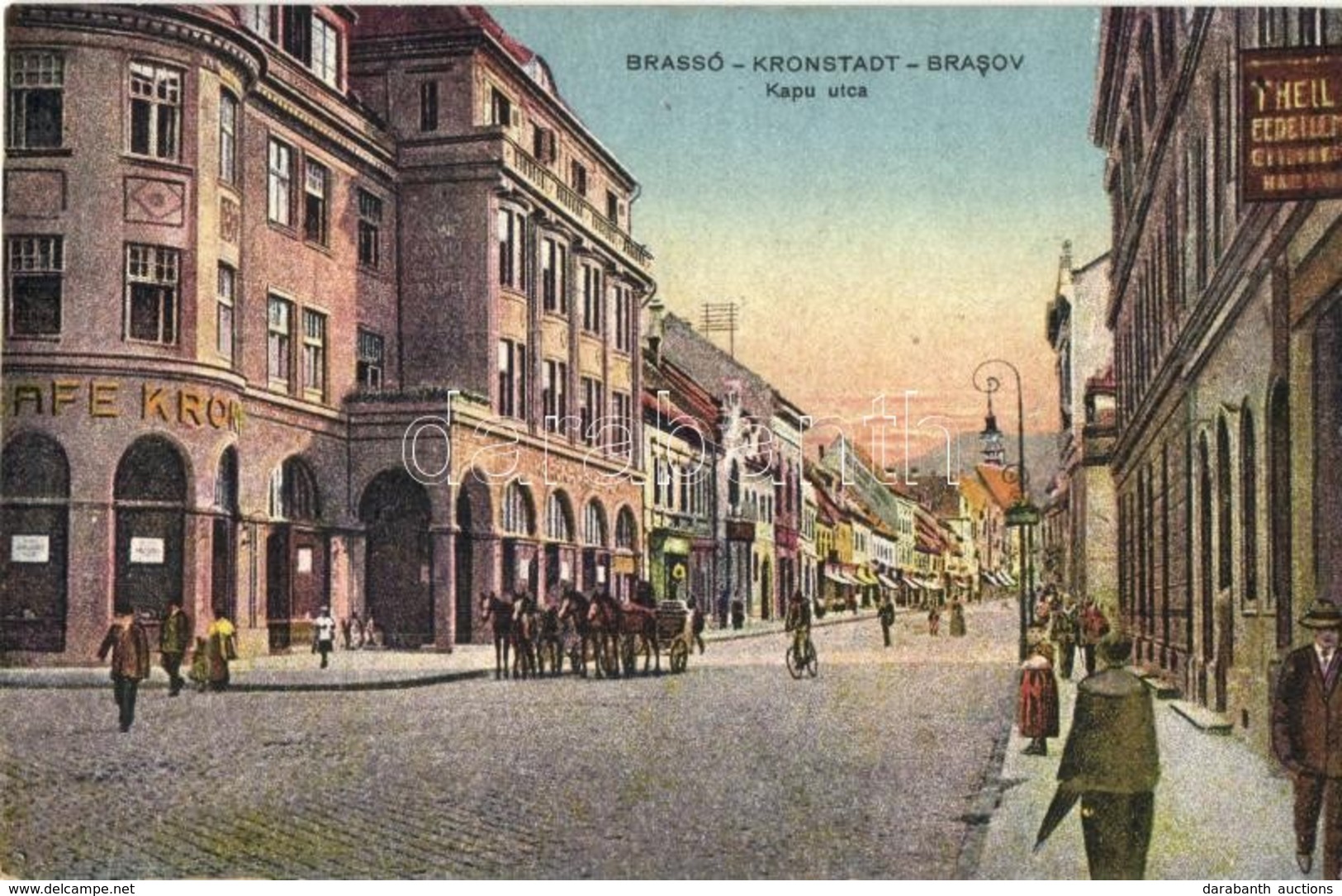 ** T2 Brassó, Kronstadt, Brasov; Kapu Utca, Korona Kávéház / Street View With Cafe And Shops - Unclassified