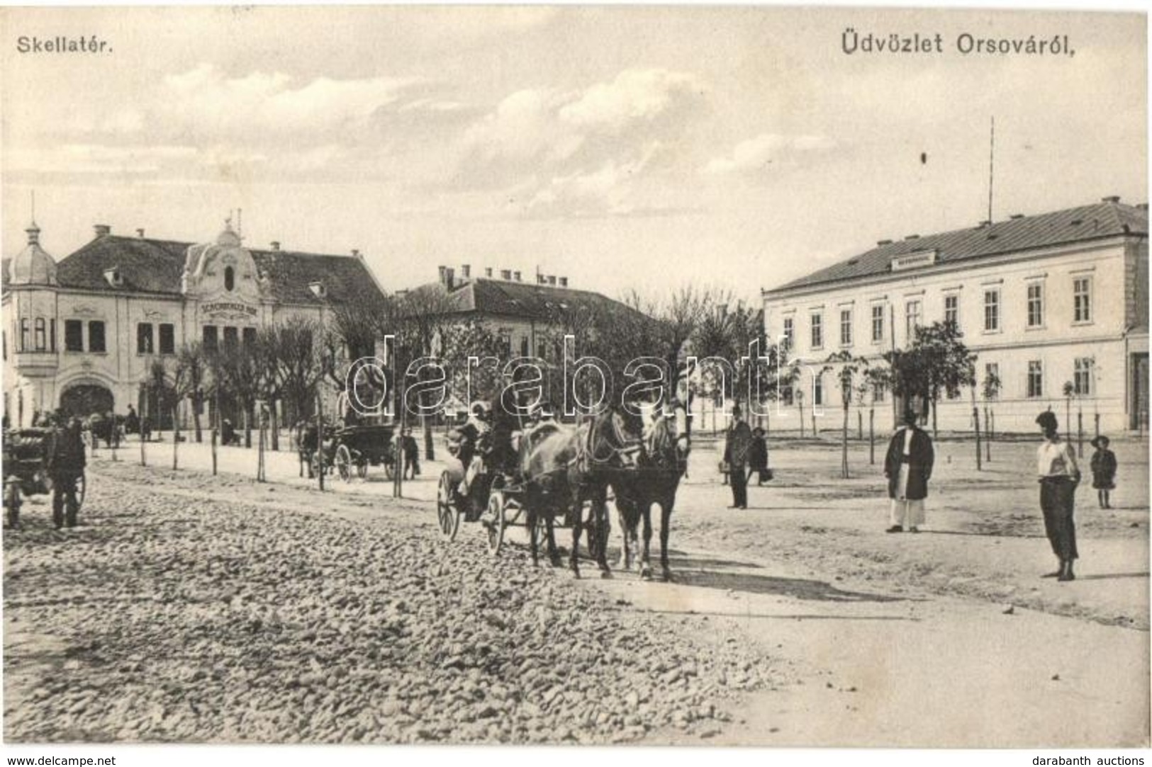 T2 1913 Orsova, Skella Tér, Scheinberger Mór áruháza, Lovaskocsik, M Kir. Erdőhivatal / Square, Shop, Horse Carts, Fores - Unclassified