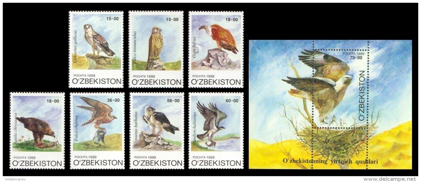 Uzbekistan 1999 Mih. 216/22 + 223 (Bl.23) Fauna. Birds Of Prey MNH ** - Uzbekistan