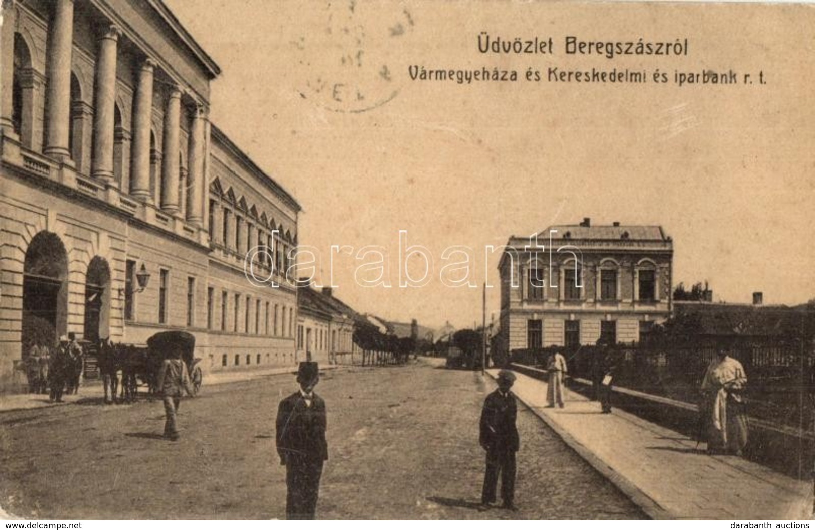 T2/T3 1908 Beregszász, Berehove; Vármegyeháza és Kereskedelmi és Iparbank Rt. Kiadja Auer K. és Kovács K. / County Hall, - Unclassified