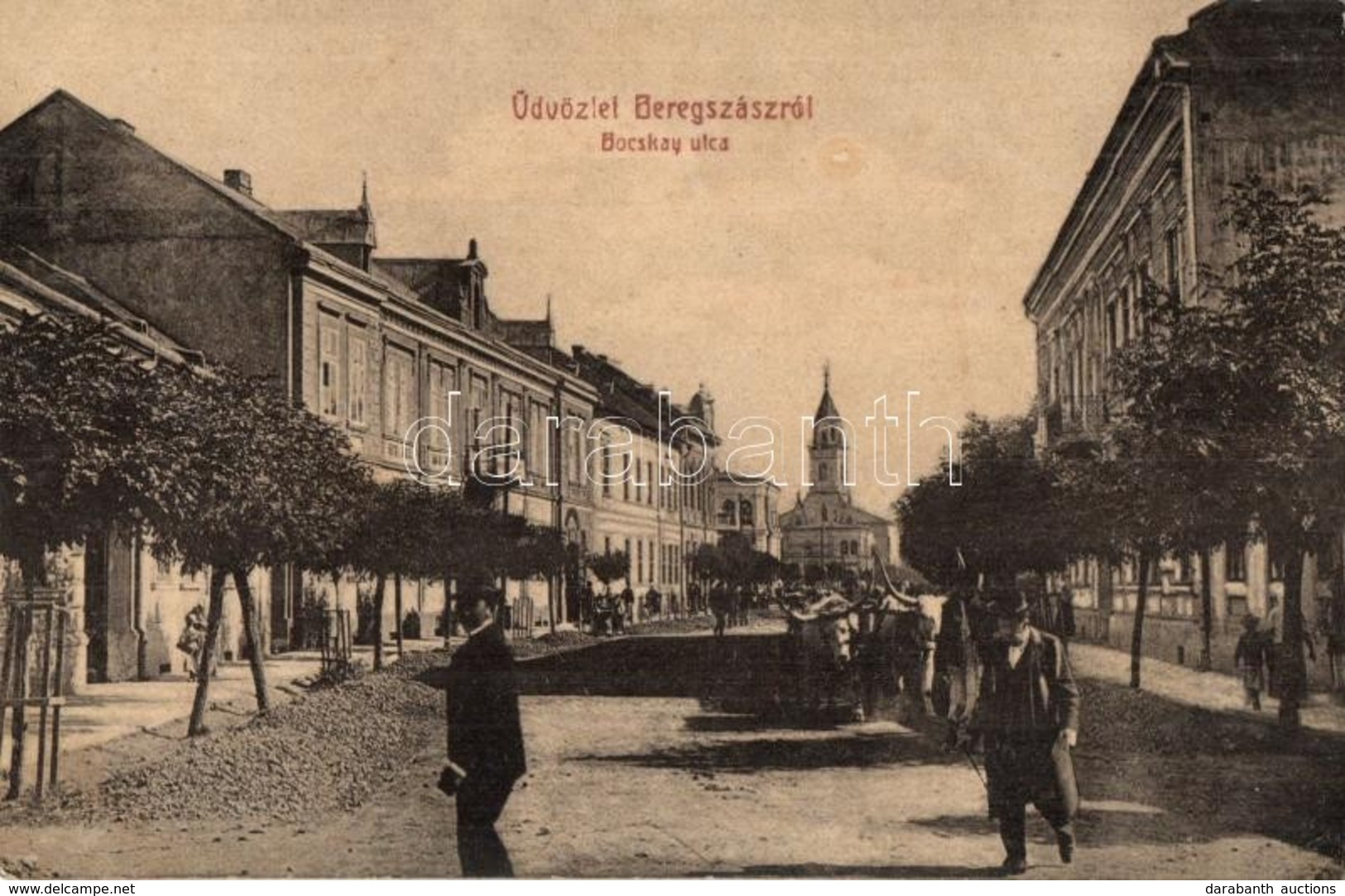 T3 1908 Beregszász, Berehove; Bocskay Utca, Római Katolikus Templom, ökrös Szekér. Kiadja Auer K. és Kovács K. 446. / St - Ohne Zuordnung