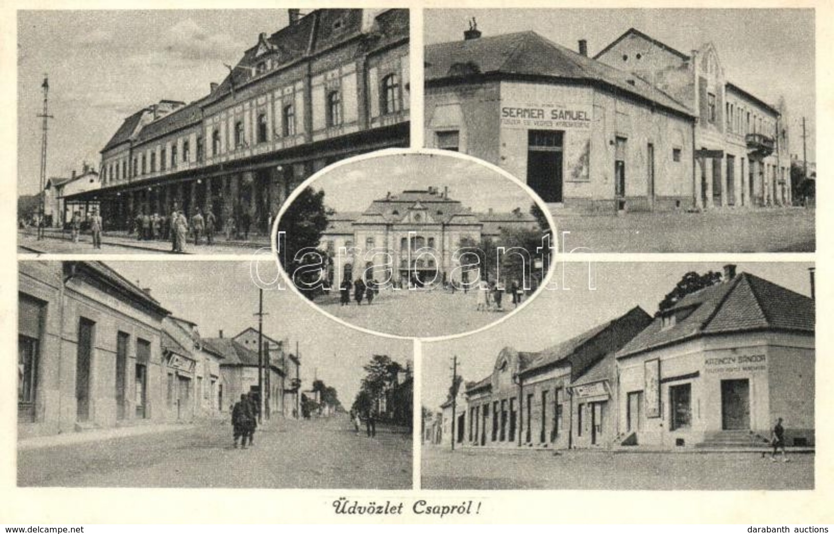 T2 Csap, Chop; Vasútállomás, Pályaudvar, Sermer Sámuel, Kazinczy Sándor üzlete, Utcakép / Bahnhof / Railway Station, Sho - Ohne Zuordnung