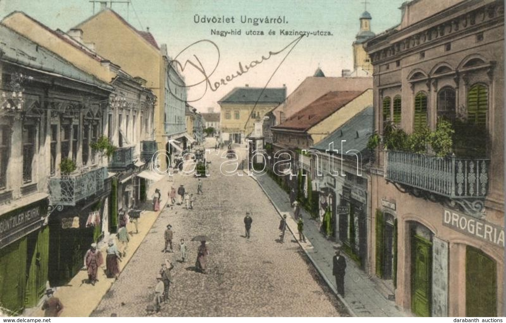 T2/T3 1909 Ungvár, Uzshorod, Uzhorod; Nagy Híd Utca és Kazinczy Utca, Güntzler Henrik, Kádár Kálmán, Krausz üzlete, Drog - Unclassified