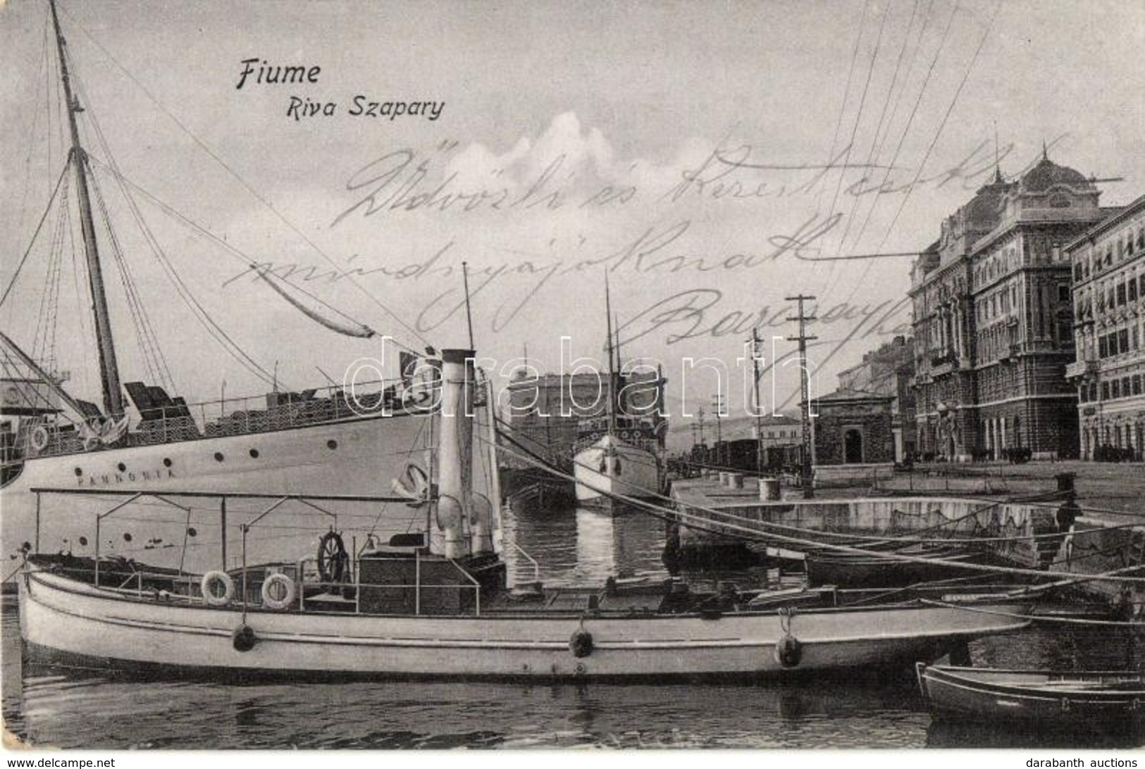 T2 1907 Fiume, Rijeka; Riva Szapáry, Pannónia Kivándorlási Hajó A Kikötőben / Emigration Ship Cunard Line SS Pannonia In - Non Classificati