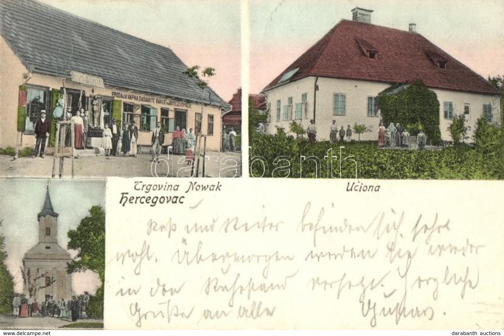 T2/T3 1905 Hercegovac, Josip Novak üzlete, Iskola, Templom / Trgovina Nowak (Prodaja Vapna Dasakate Rakije Na Butelje I  - Non Classificati