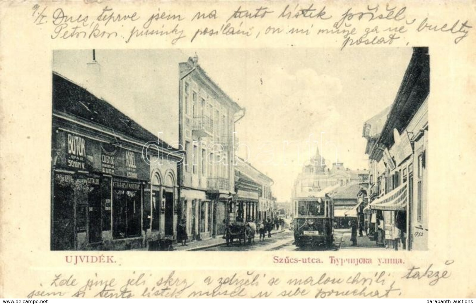 T2/T3 Újvidék, Novi Sad; Szűcs Utca, Villamos A Kórházhoz, Schön V. Bútoripar üzlete. W.L. Bp. 6354. / Street View With  - Unclassified