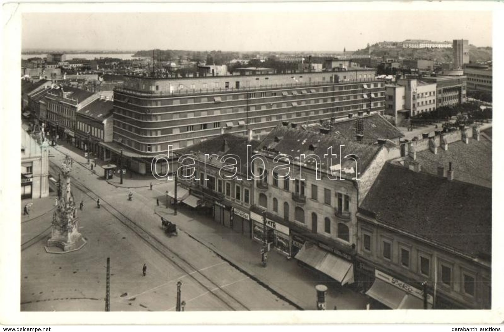 * T2 Újvidék, Novi Sad; Látkép, Teokárovity Vlado, Nagy Győző üzletei, Szentháromság Szobor / Street View, Shops, Trinit - Ohne Zuordnung