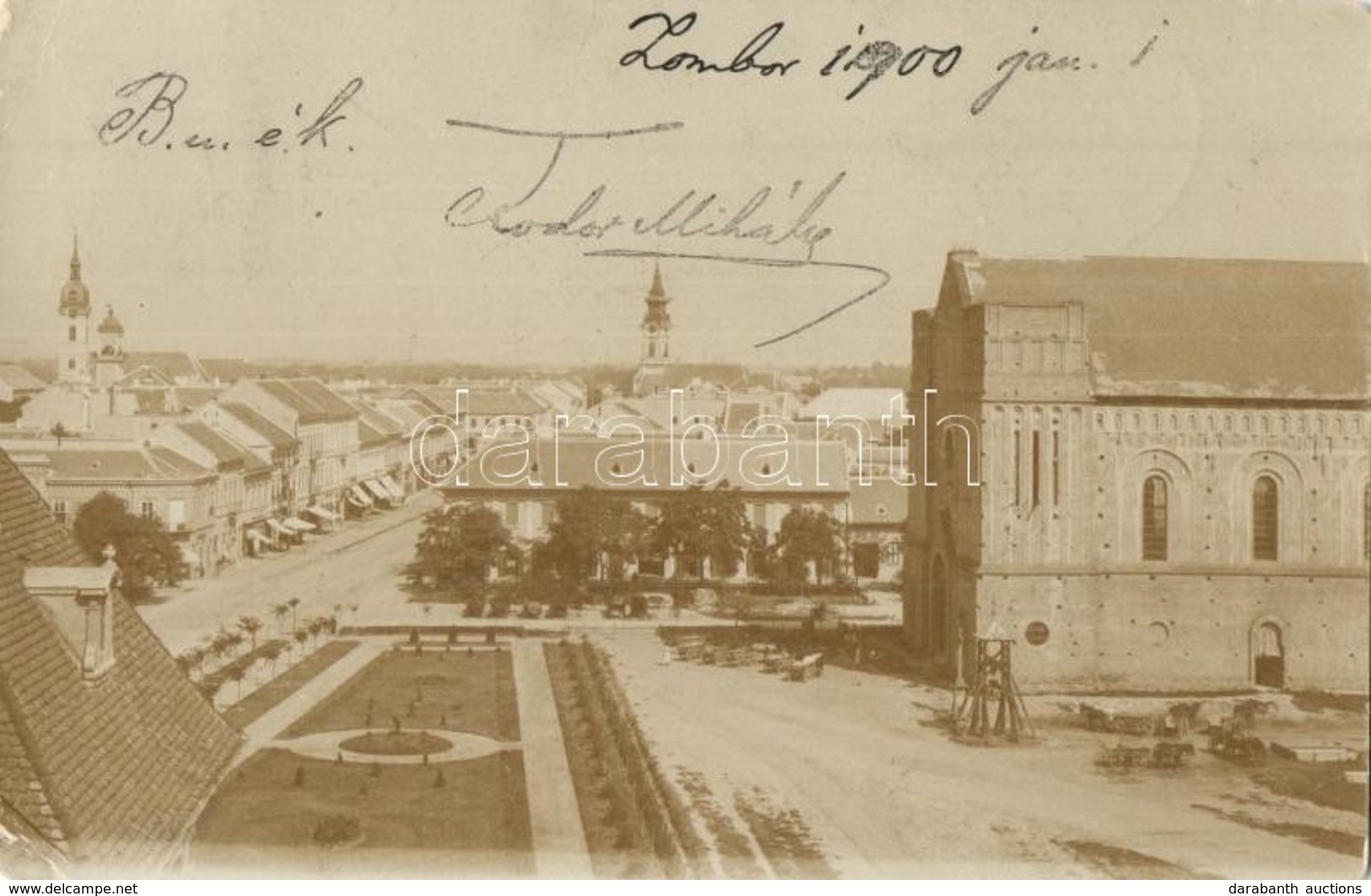 T2/T3 1900 Zombor, Sombor; Fő Tér, Templomok, Piaci Lovas Szekerek / Main Square, Churches, Market Carts. Photo  (EK) - Zonder Classificatie