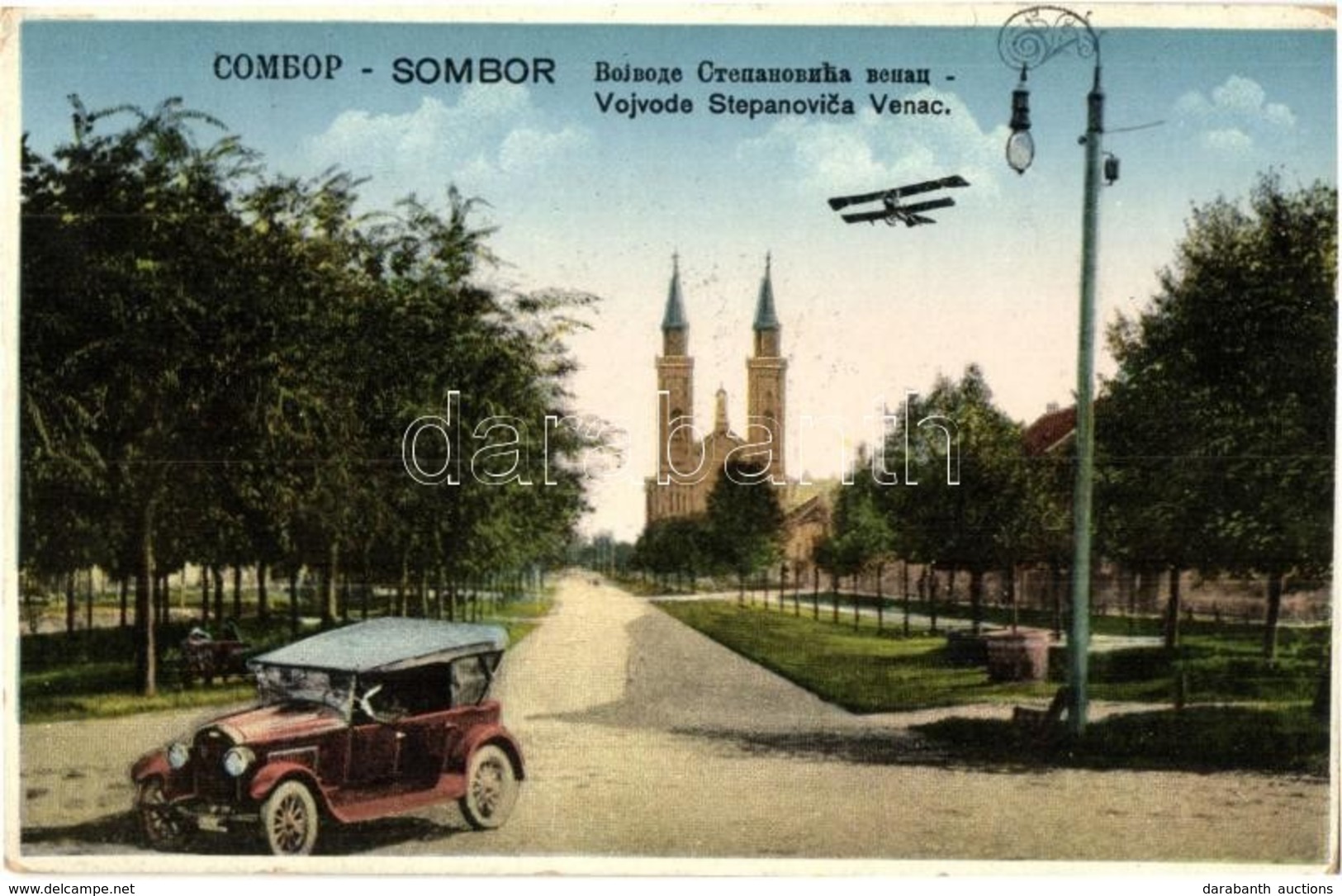 T2/T3 Zombor, Sombor; Vojvode Stepanovica Venac / Utcakép, Templom; Automobil és Repülőgép Montázs. Kiadja Andrija Rangl - Unclassified