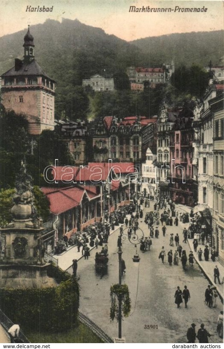 * T2 Karlovy Vary, Karlsbad; Marktbrunnen Promenade / Street View With Bank And Exchange - Non Classificati