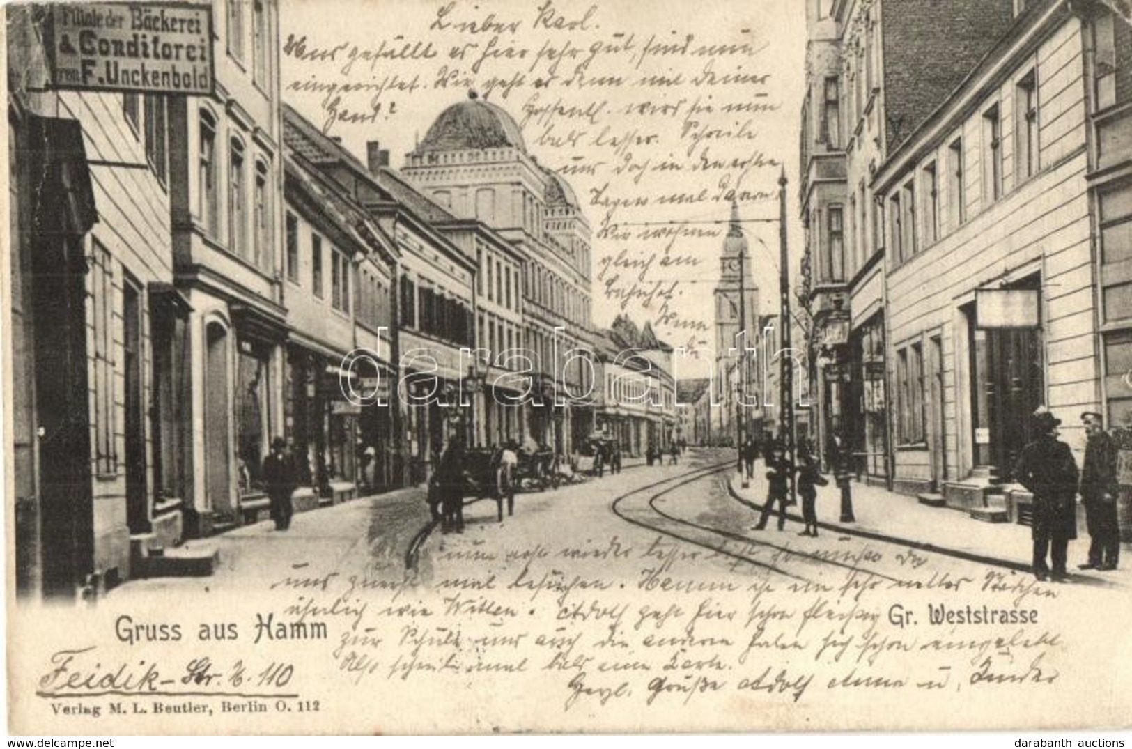 T2/T3 1909 Hamm, Grosse Weststrasse, Filiale Der Bäckerei & Conditorei Von F. Unckenbold / Street View With Shop, Bakery - Ohne Zuordnung