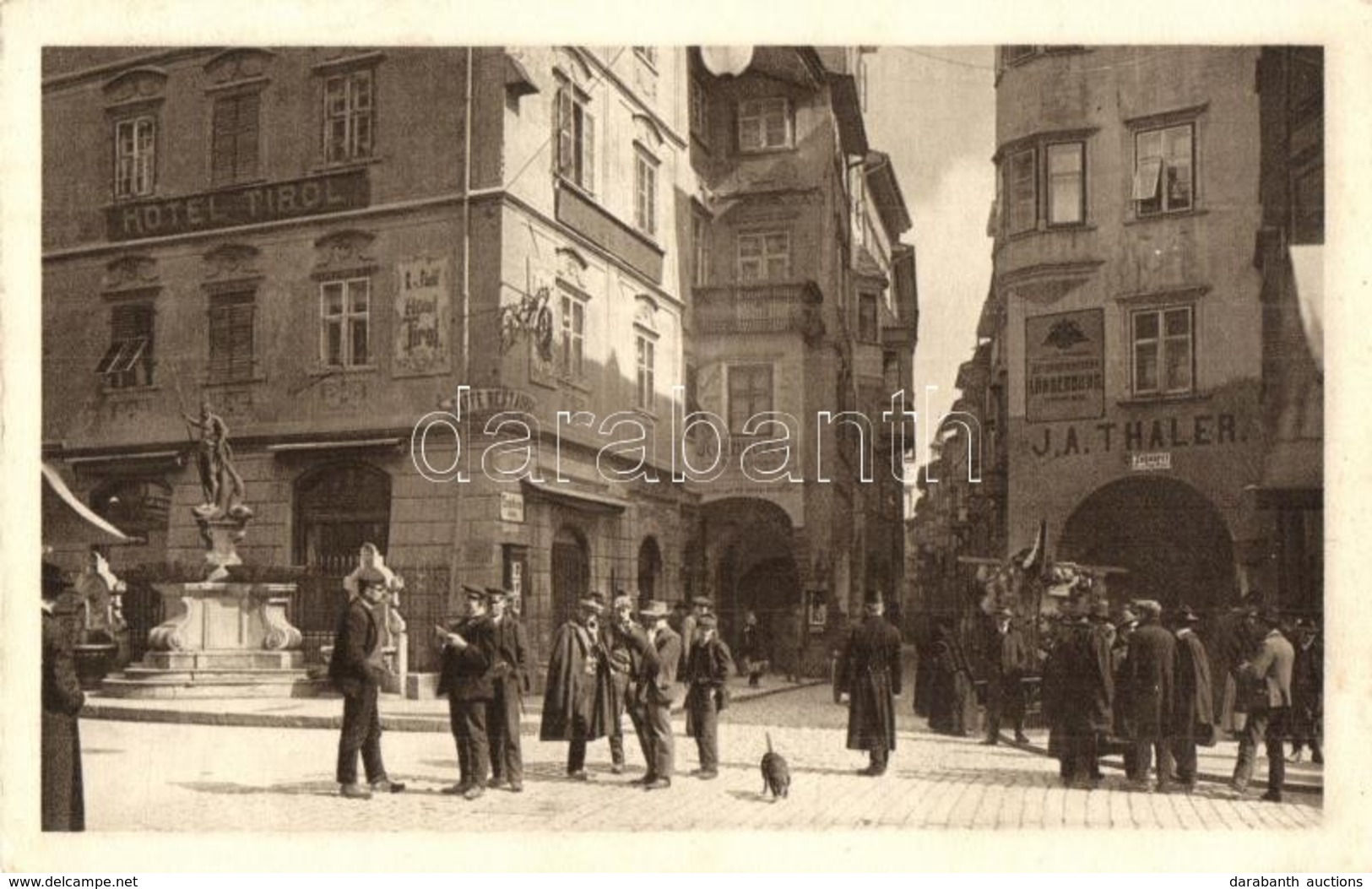 T2/T3 1916 Bolzano, Bozen (Südtirol); Eingang In Die Lauben Mit Neptunbrunnen / Hotel Tirol, Café And Restaurant, Shops  - Unclassified