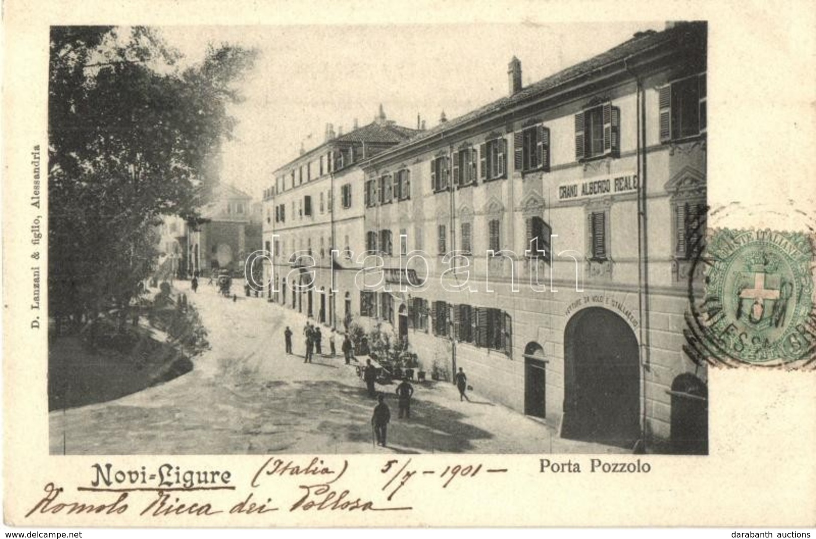 T2 1901 Novi Ligure, Porta Pozzolo, Grand Albergo Reale, Vetture Da Nolo E Stallaccio /  Street View With Hotel And Shop - Zonder Classificatie