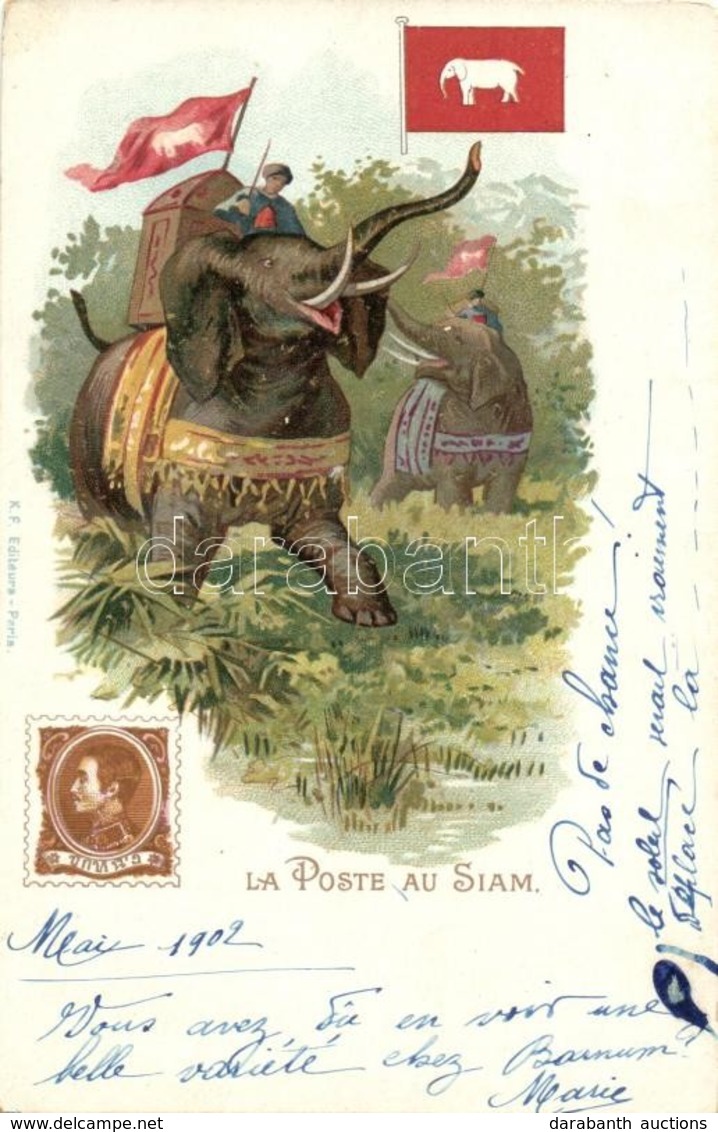 * T3 'La Poste Au Siam' Elephant, Flag, Stamp, Folklore, Litho - Non Classificati