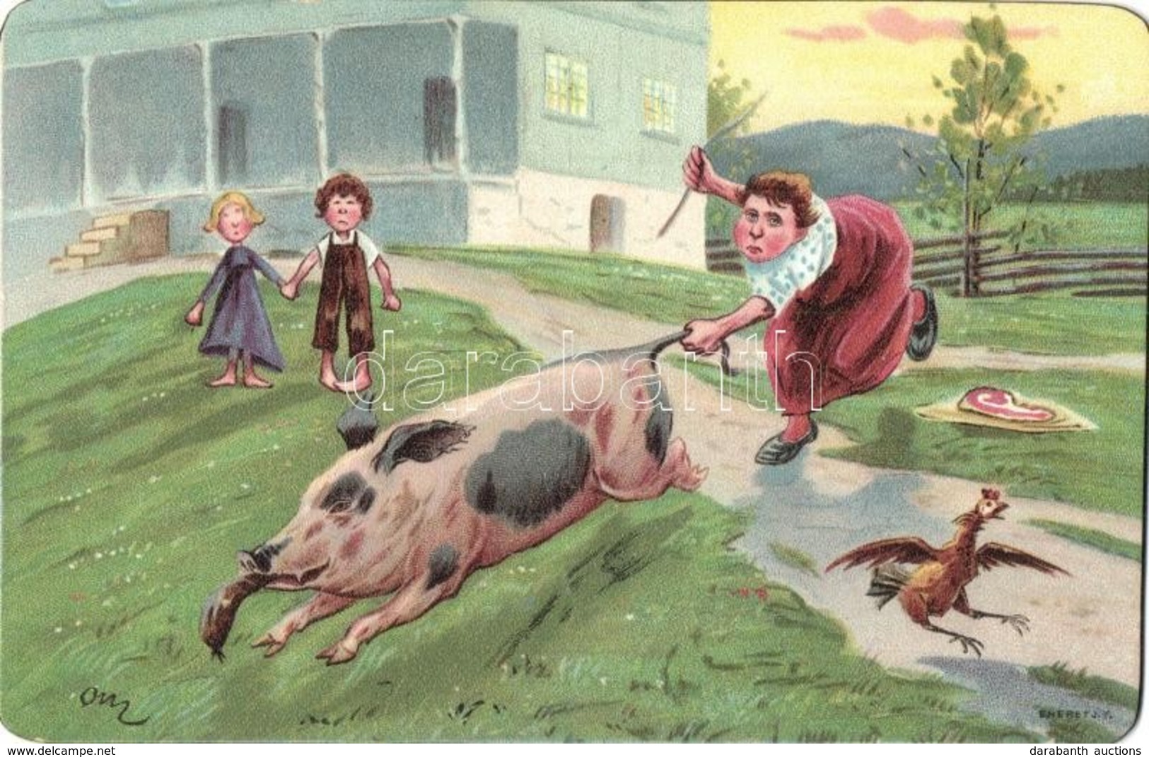 * T2 Family With Pig. Humour. Litho S: Eneret J. F. - Ohne Zuordnung