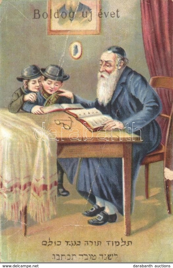 ** T4 Boldog Újévet! / Jewish New Year Greeting Postcard With Rabbi Teaching Children, Hebrew Text, Judaica. Litho (fa) - Non Classificati