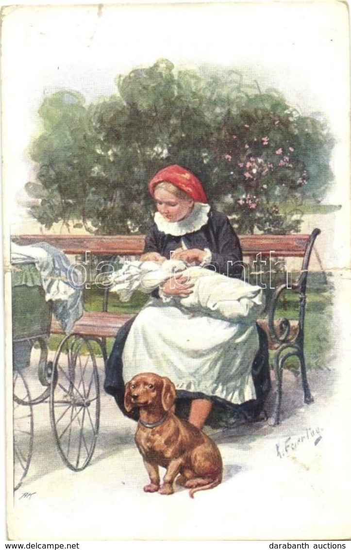 * T4 Lady With Baby In The Park, Dachshund, Dog. B.K.W.I. 688-4. S: K. Feiertag (r) - Unclassified