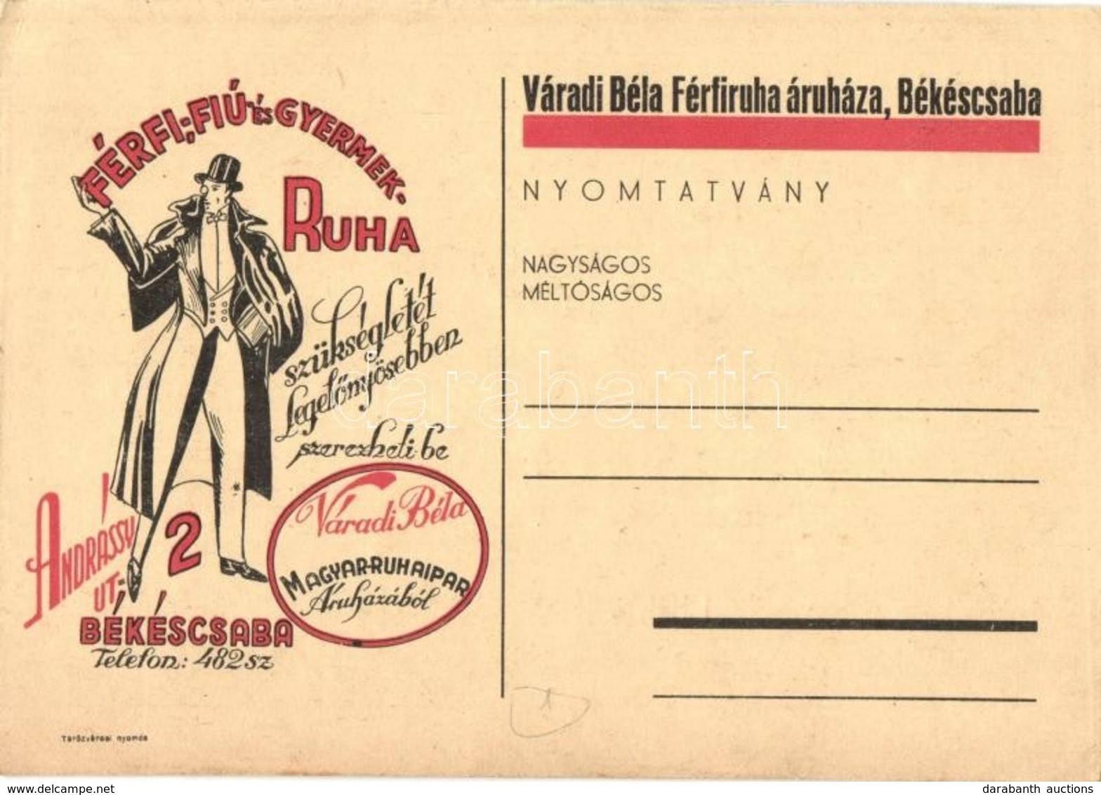 ** T2 Várdai Béla Férfiruha áruháza Békéscsabán / Hungarian Men Clothing Shop Advertisement From Békéscsaba - Ohne Zuordnung