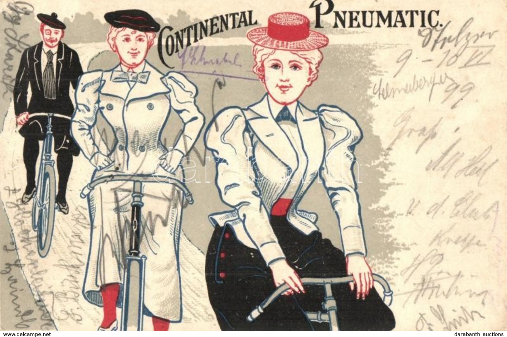 T2/T3 Continental Pneumatic / German Tires And Bicycle Tyres Advertisement Card With Cycling Ladies And Gentleman. Litho - Ohne Zuordnung