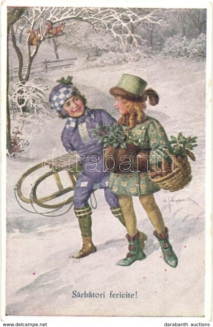 ** T2/T3 Sarbatori Fericite / Happy Holidays Greeting Card, Winter Sport, Girls With Sled (EK) - Ohne Zuordnung