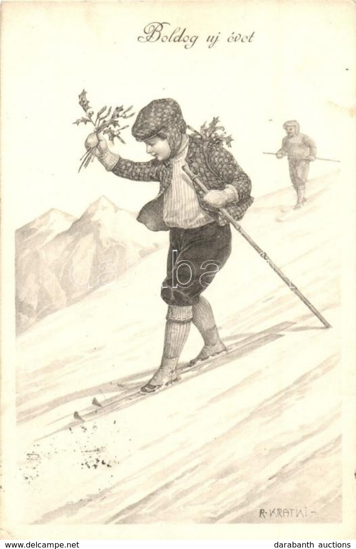 T2/T3 Boldog Újévet / New Year Greeting Card, Winter Sport, Skiing S: R. Kratki (EK) - Unclassified