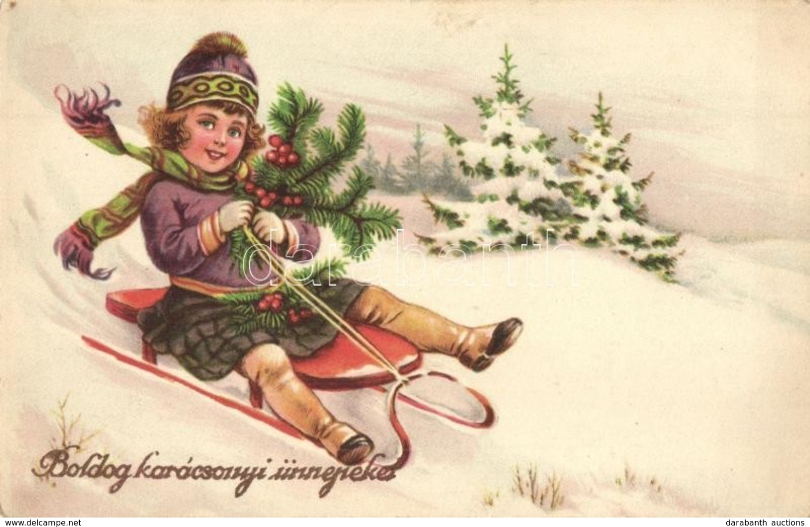 ** T2 Boldog Karácsonyi Ünnepeket / Christmas Greeting Card, Girl With Sled In The Snow, Winter Sport - Non Classificati