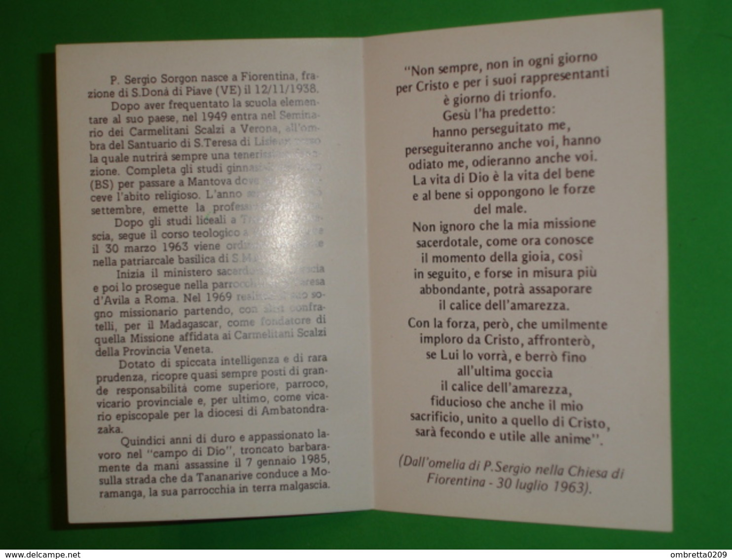 Padre SERGIO SORGON Missionario Carmelitano MADAGASCAR Martire Assassinato 1985/ FIORENTINA,S.DONA' Di PIAVE/santino - Images Religieuses