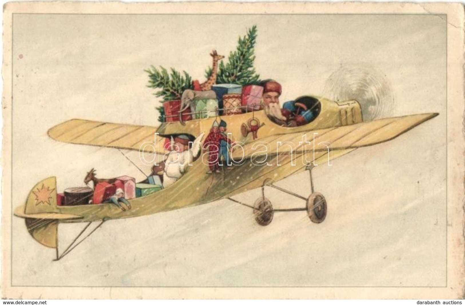 T2/T3 Mikulás Repülőgépen Ajándékokkal / Saint Nicholas In Aircraft With Presents. Litho (EK) - Unclassified