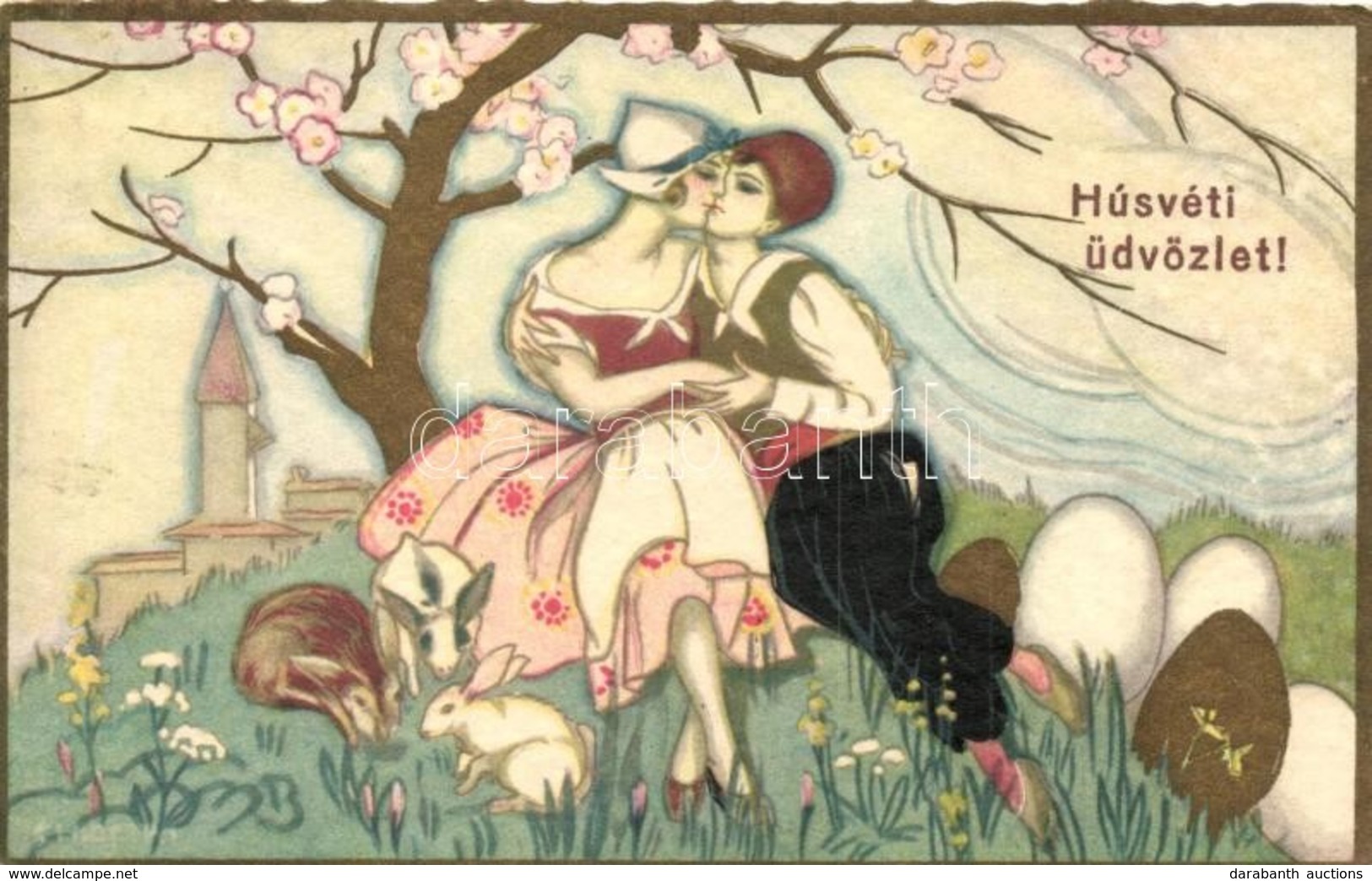 T2 'Húsvéti üdvözlet' / Easter Greeting, Romantic Couple, Italian Art Deco Postcard, Ballerini & Fratini No. 311., Golde - Ohne Zuordnung