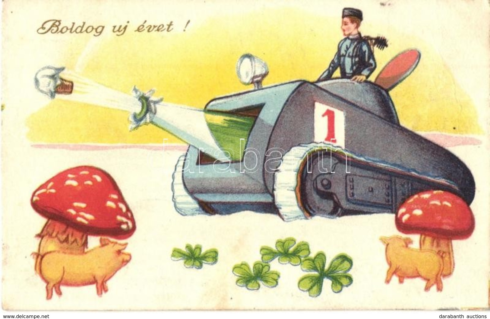 T2/T3 Boldog új évet! / New Year Greeting Art Postcard With Chimney Sweeper In A Tank, Clovers, Pigs, Mushrooms (EB) - Non Classificati