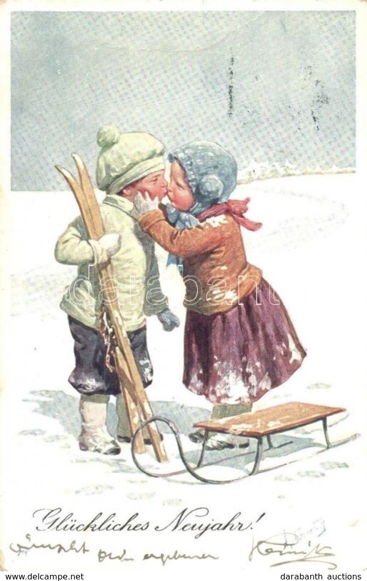 T2/T3 Glückliches Neujahr! / New Year Greeting Art Postcard With Children, Winter Sport, Ski And Sled. B.K.W.I. 2783-6.  - Ohne Zuordnung
