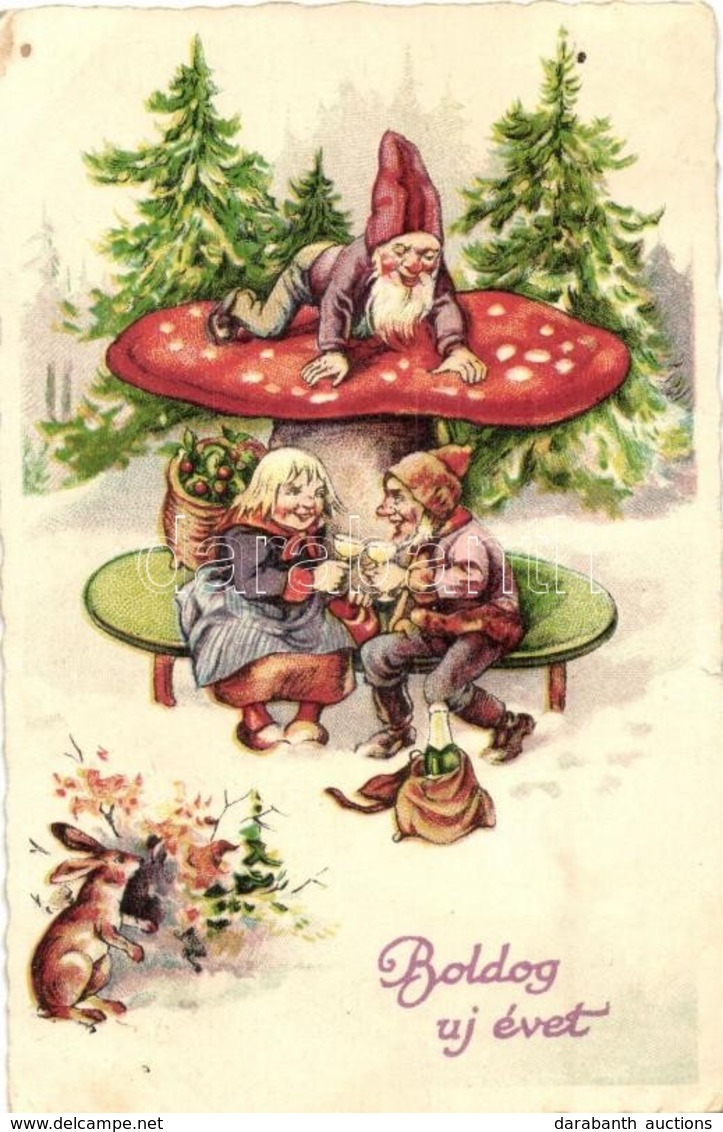 T2/T3 Boldog új évet! / New Year Greeting Art Postcard With Dwarves And Mushroom. Litho  (EK) - Ohne Zuordnung