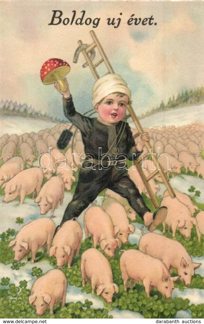 * T1/T2 Boldog Uj évet / New Year Greeting Postcard, Chimney Sweeper, Pigs, Clovers, Litho - Unclassified