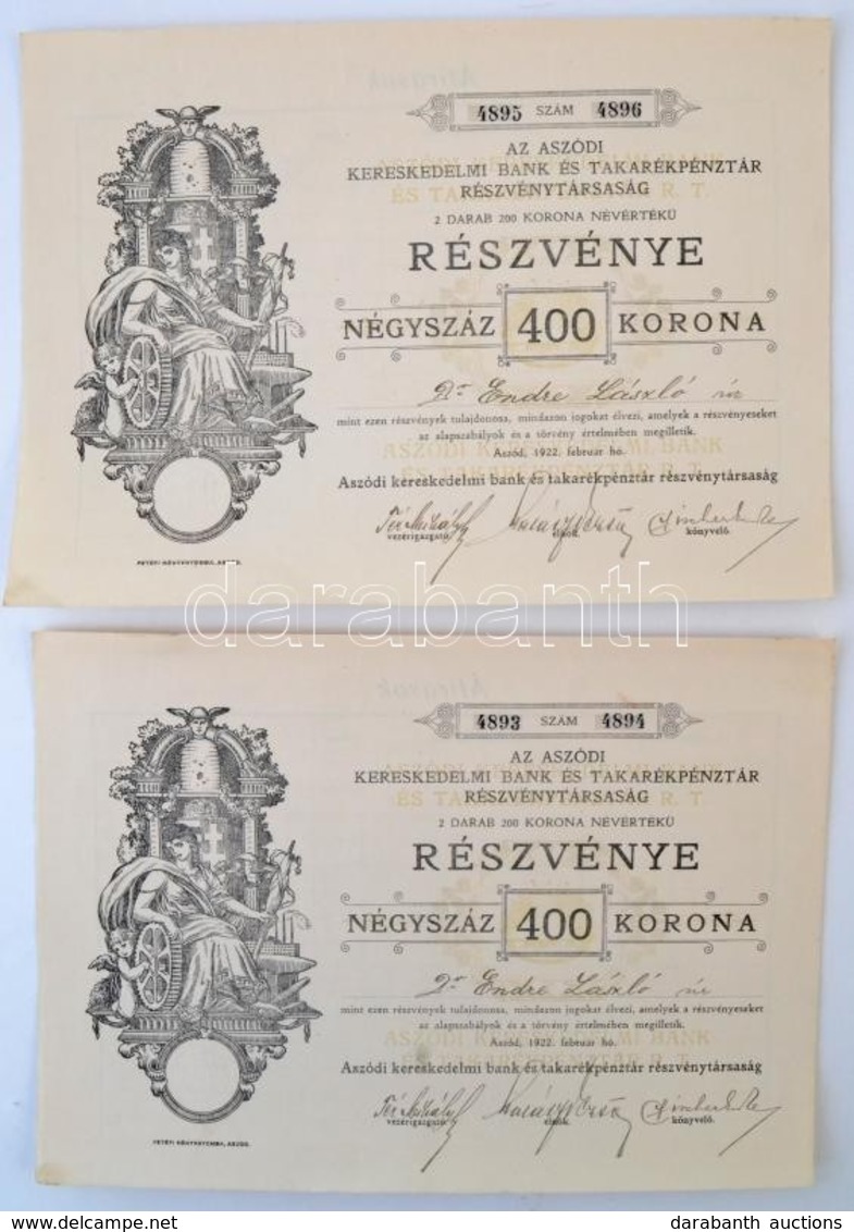 Aszód 1922. 'Az Aszódi Kereskedelmi Bank és TTakarékpénztár Részvénytársaság' Két, Névre Szóló Részvénye összesen 400K-r - Unclassified