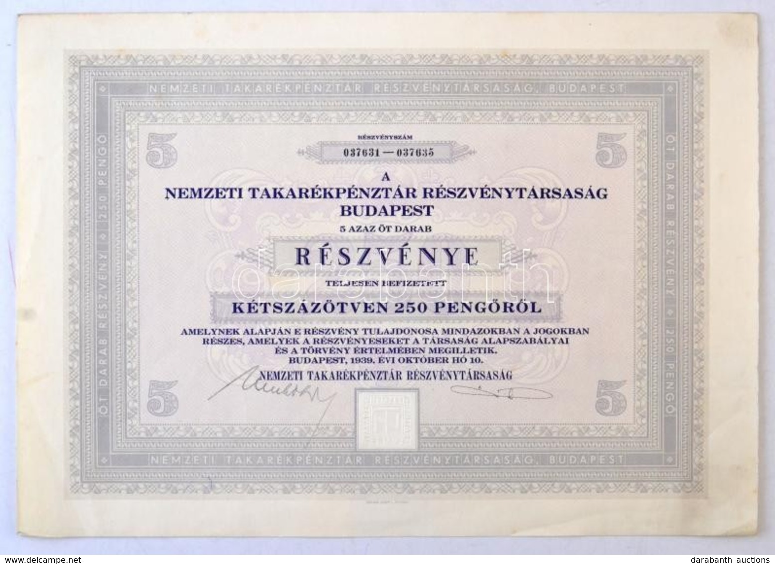 Budapest 1939. 'Nemzeti Takarékpénztár Részvénytársaság' öt Darab Részvénye Egyben, összesen 250P-ről, Szárazpecséttel,  - Non Classificati