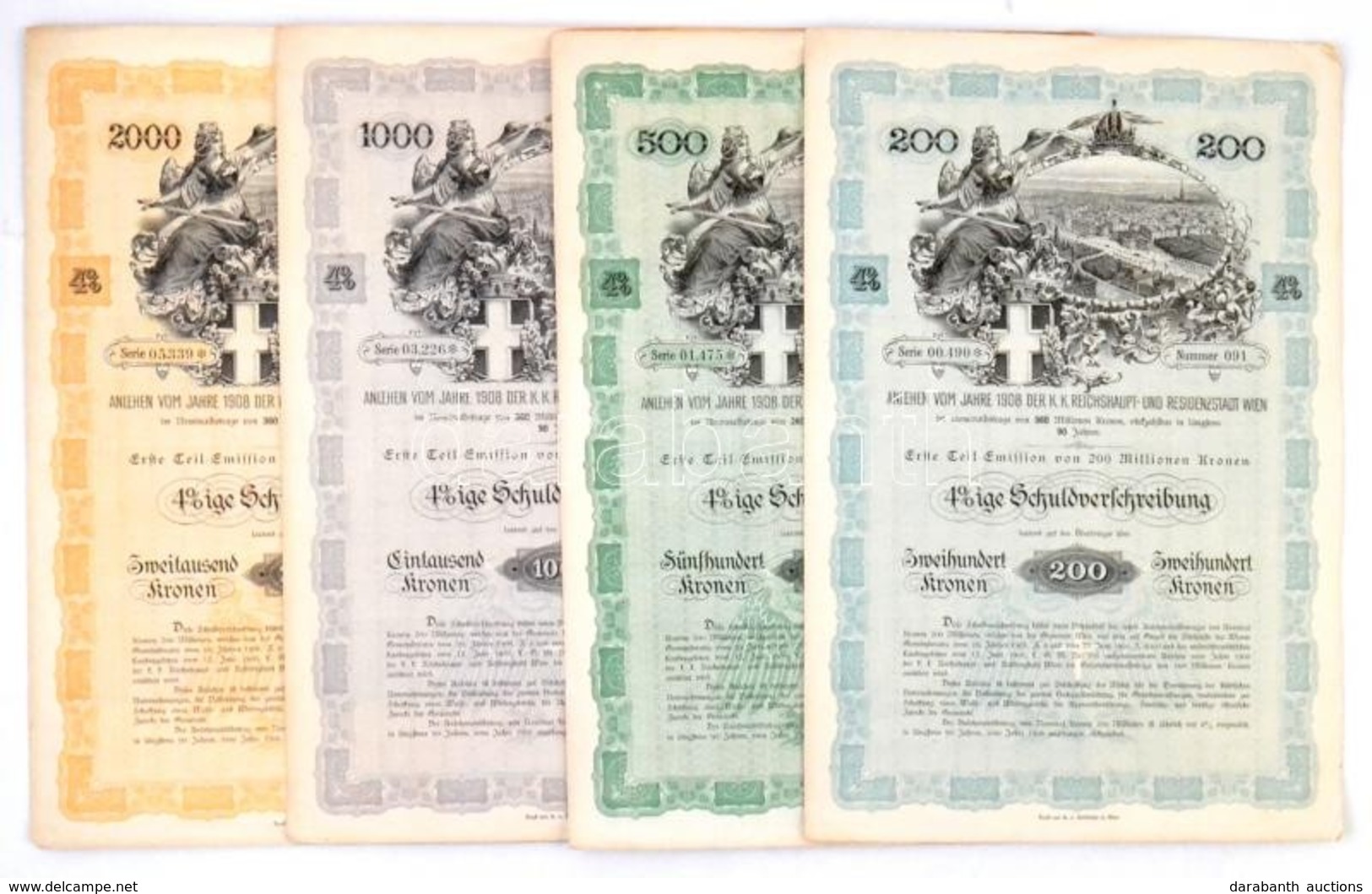 Ausztria / Bécs 1908. 4%-os Jelzálogkötvény 200, 500, 1000 és 2000 K-ról, Szelvényekkel (4xklf) T:III
Austria / Vienna 1 - Unclassified