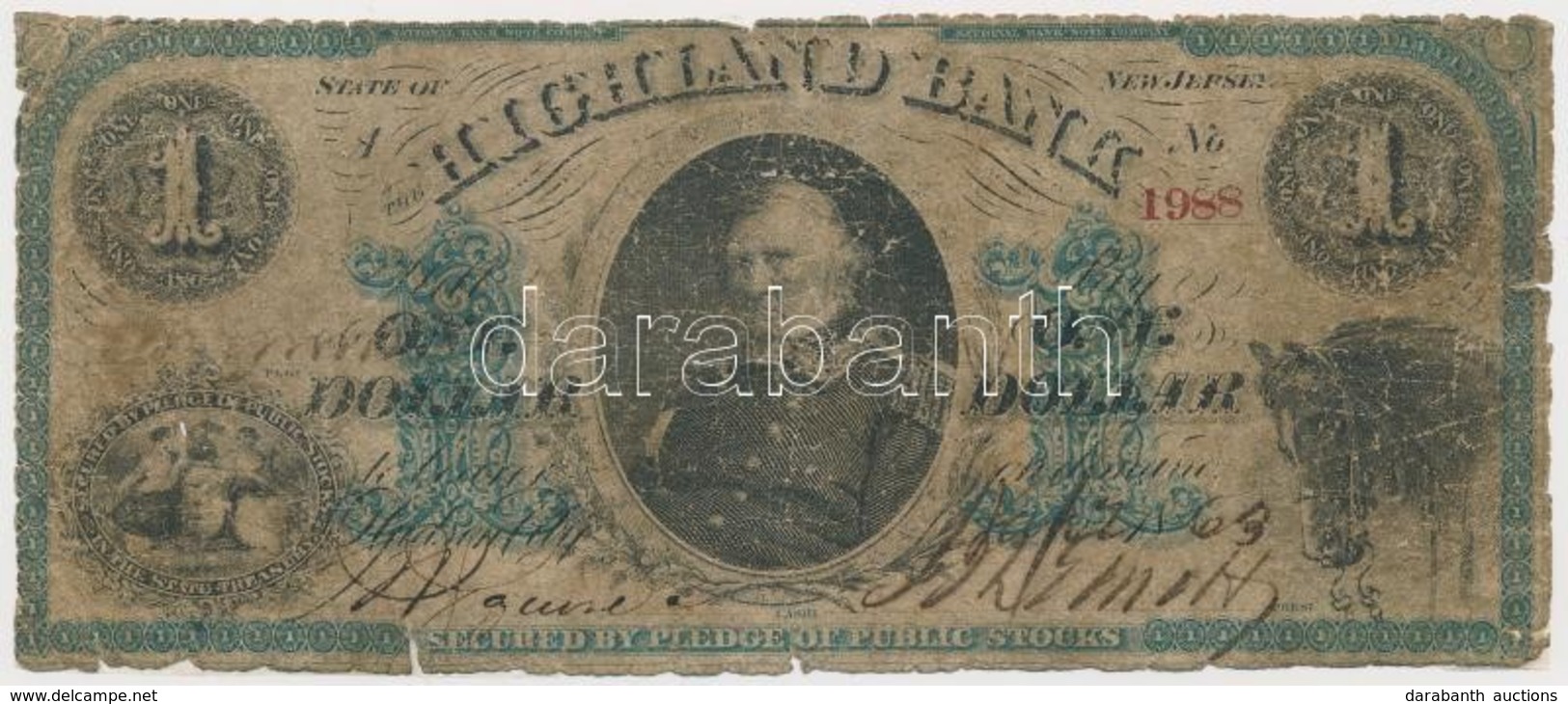 Amerikai Egyesült Államok / New Jersey 1863. 1$ 'The Highland Bank' T:IV
USA / New Jersey 1863. 1 Dollar 'The Highland B - Non Classificati