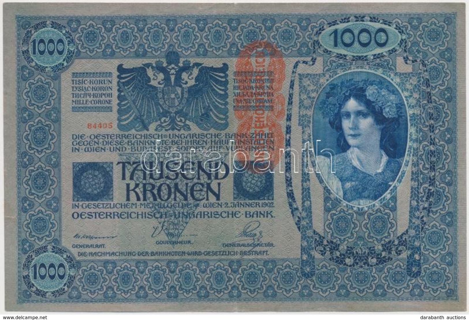 1902. 1000K Függőleges 'Deutschösterreich' Felülbélyegzéssel, Mindkét Oldala Német T:III - Non Classificati