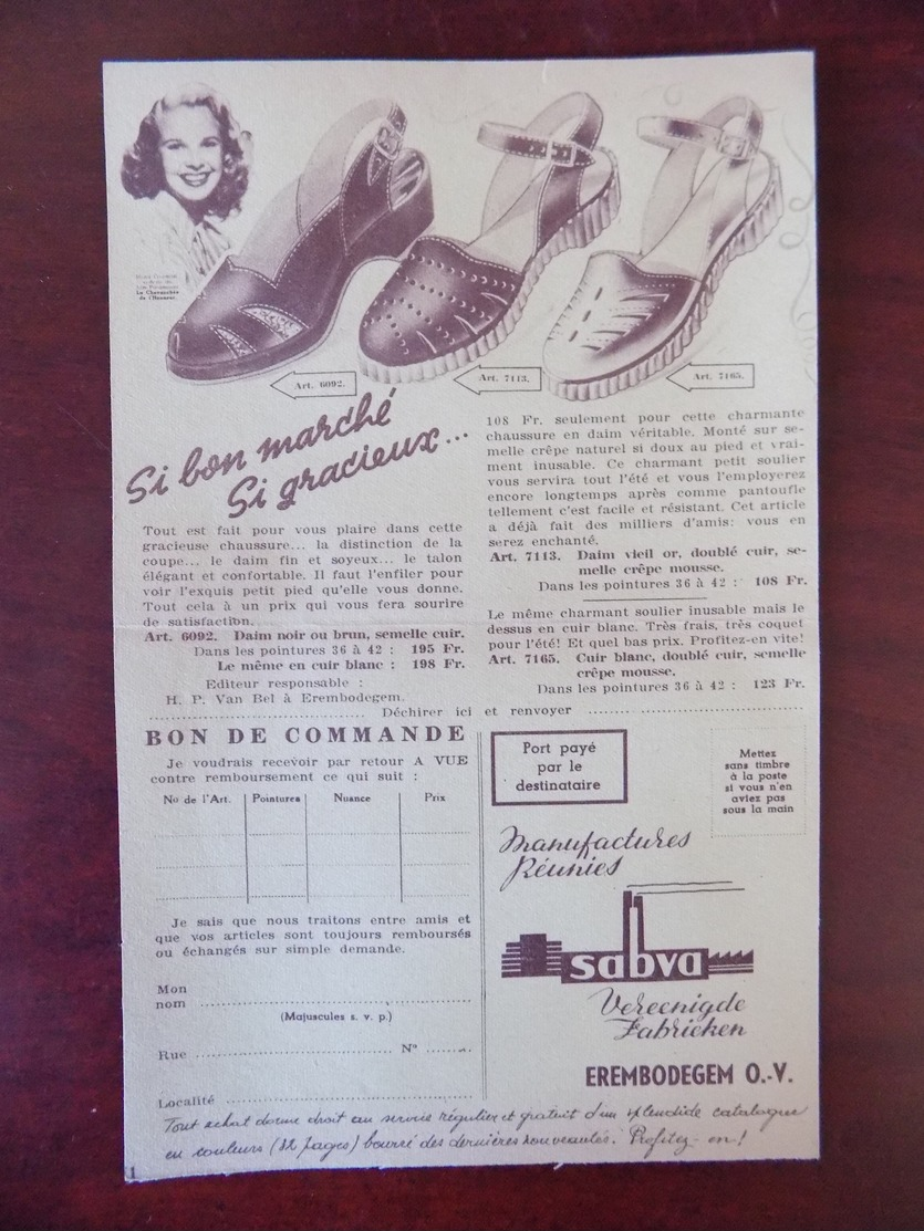 Feuillet Publicitaire Chaussures Sabva Erembodegem - Publicités