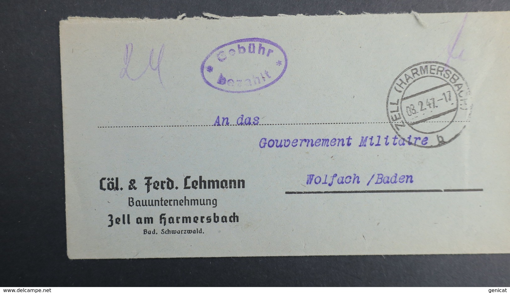 Lettre De Zell  Fevrier 1947 Allemagne Occupation Française Pour Wolfach Gouvernement Militaire En Franchise - Other & Unclassified