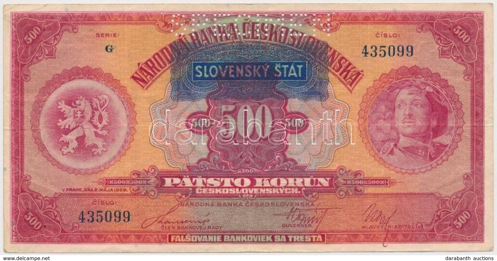 Szlovákia 1929. 500K 'SPECIMEN' Perforációval és Kék 'SLOVENSKY STAT' Felülbélyegzéssel T:III Slovakia 1929. 500 Korun P - Unclassified