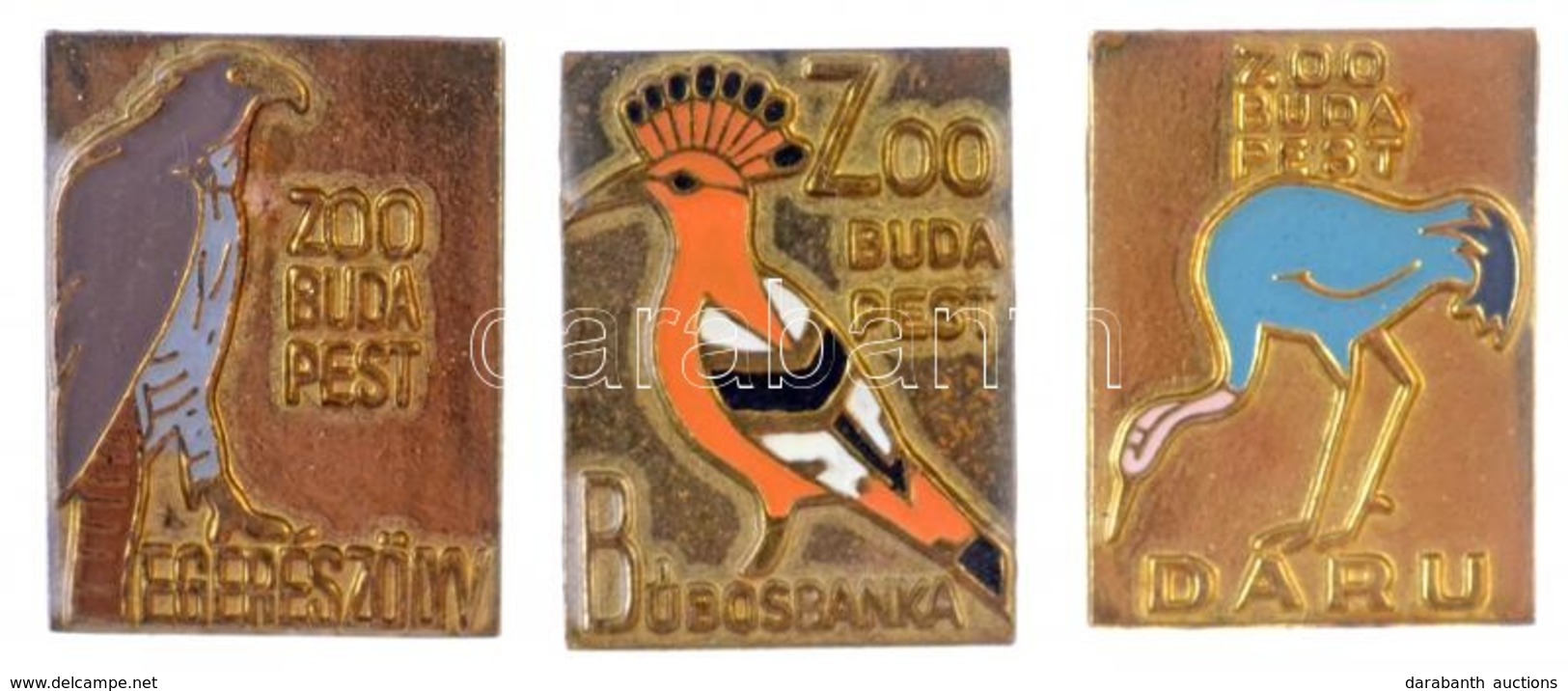 3db Klf Zománcozott, Aranyozott 'Zoo Budapest' Jelvény; Daru, Búbosbanka és Egerészölyv (15x20mm) T:1,1- - Unclassified